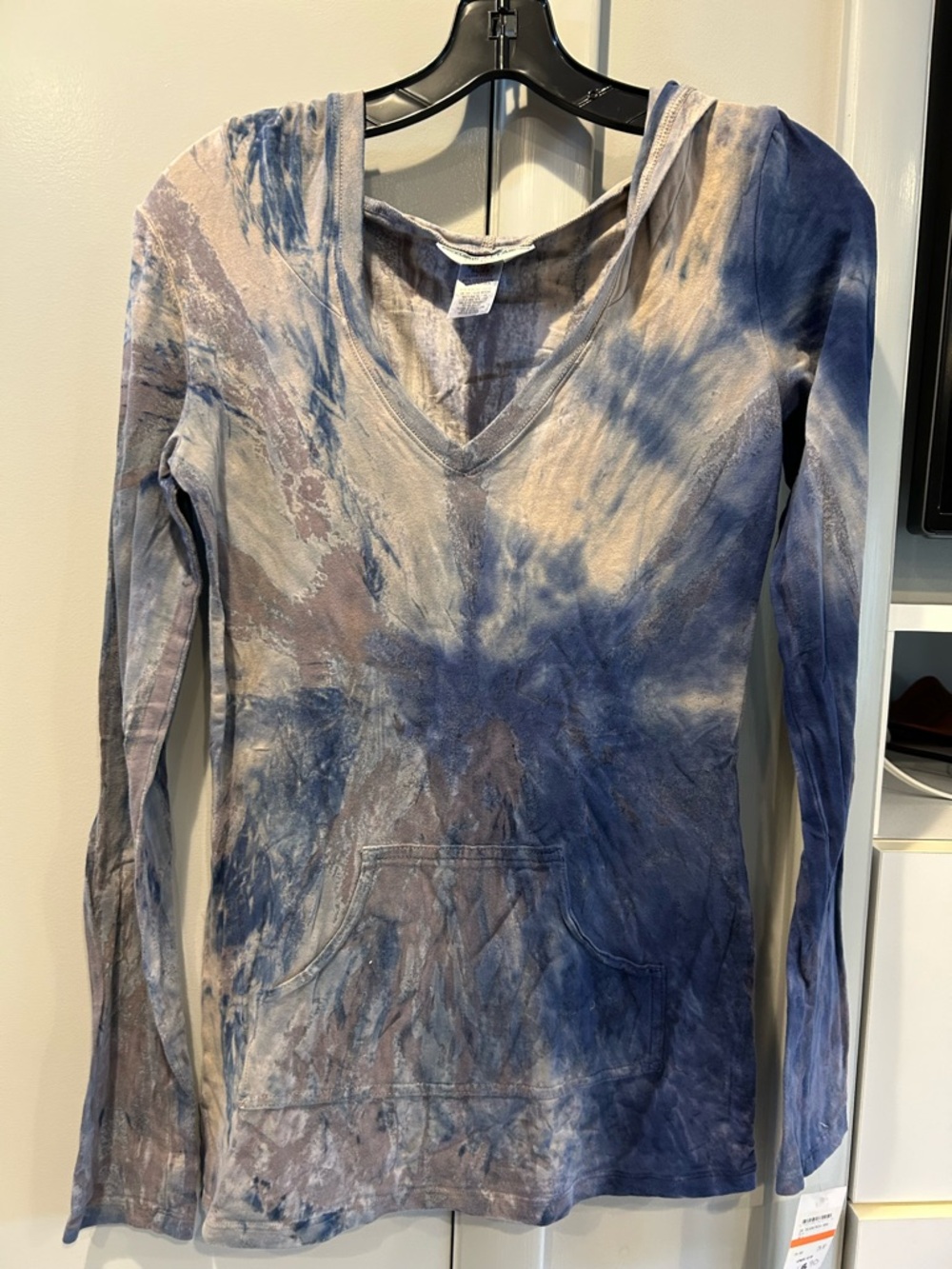 Hard Tail, Women's Tie-Dye V-Neck Long Sleeve Top - Blue & Cream, Size small